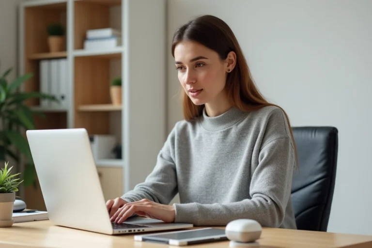 Femme utilisant un ultrabook dans un bureau à domicile minimaliste avec accessoires tech modernes