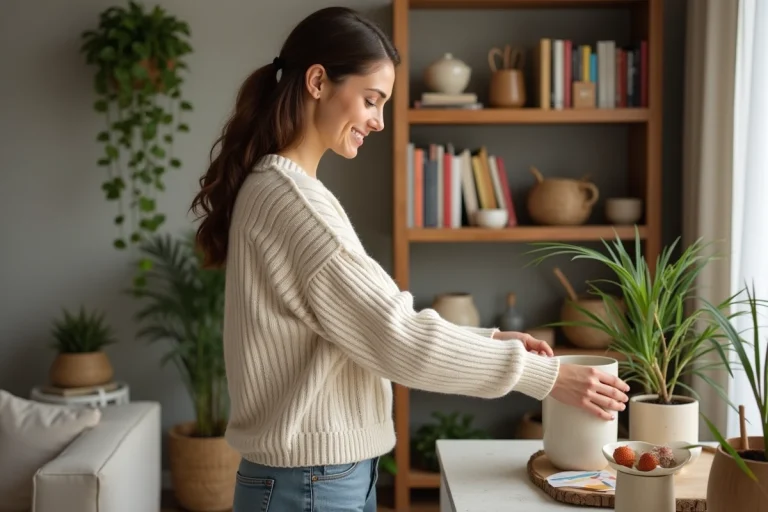 Jeune femme arrangeant des céramiques sur une étagère en bois