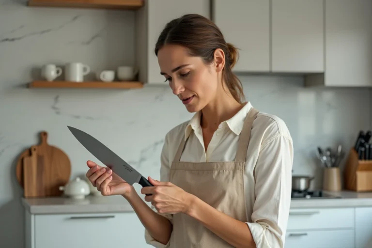 Femme évaluant un couteau de chef en acier inoxydable dans une cuisine moderne avec plan de travail en marbre