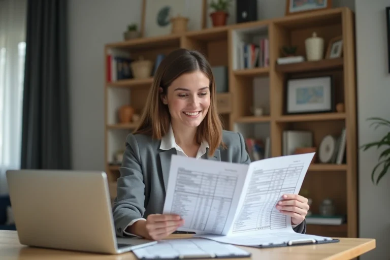 Femme souriante examine des contrats de location dans un appartement