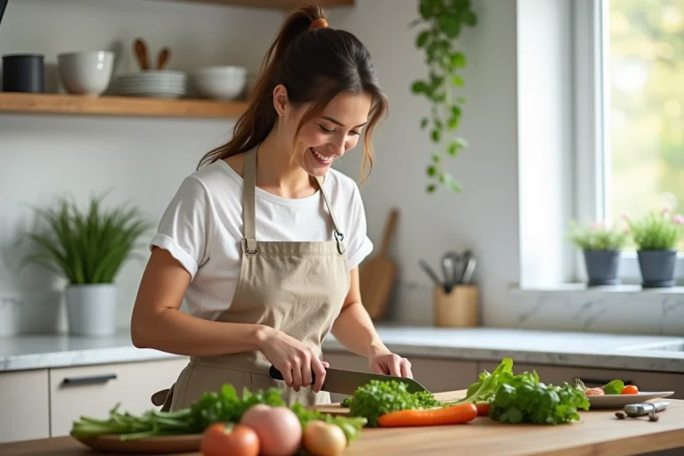 Femme souriante en cuisine préparant des légumes frais