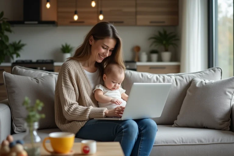 Femme souriante avec bébé dans un salon chaleureux