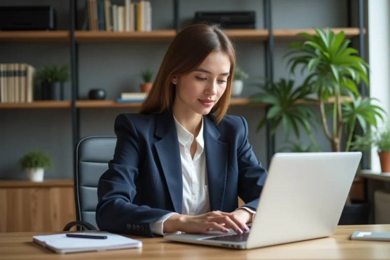 Femme professionnelle en bureau moderne travaillant sur son ordinateur