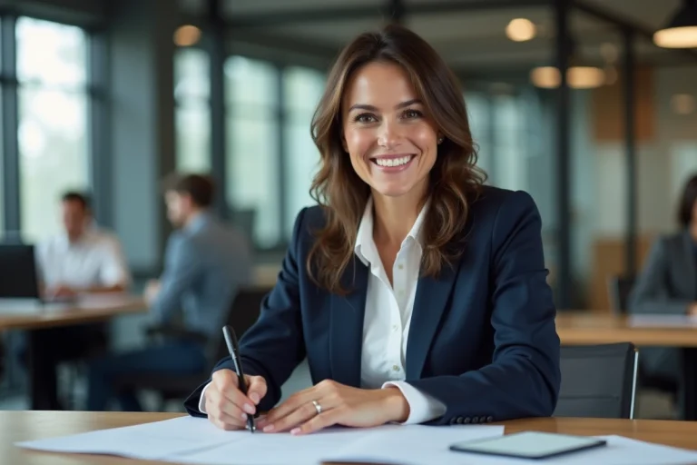 Femme professionnelle en blazer marine préparant sa stratégie de recherche d'emploi dans un bureau moderne