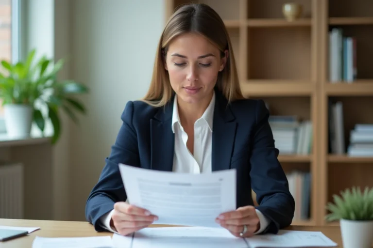 Femme professionnelle consultant un contrat de vie à rompre, assise à un bureau moderne en train d'examiner des documents officiels