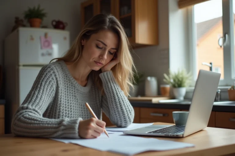 Femme écrivant une lettre d'absence pour empêchement familial à une table de cuisine