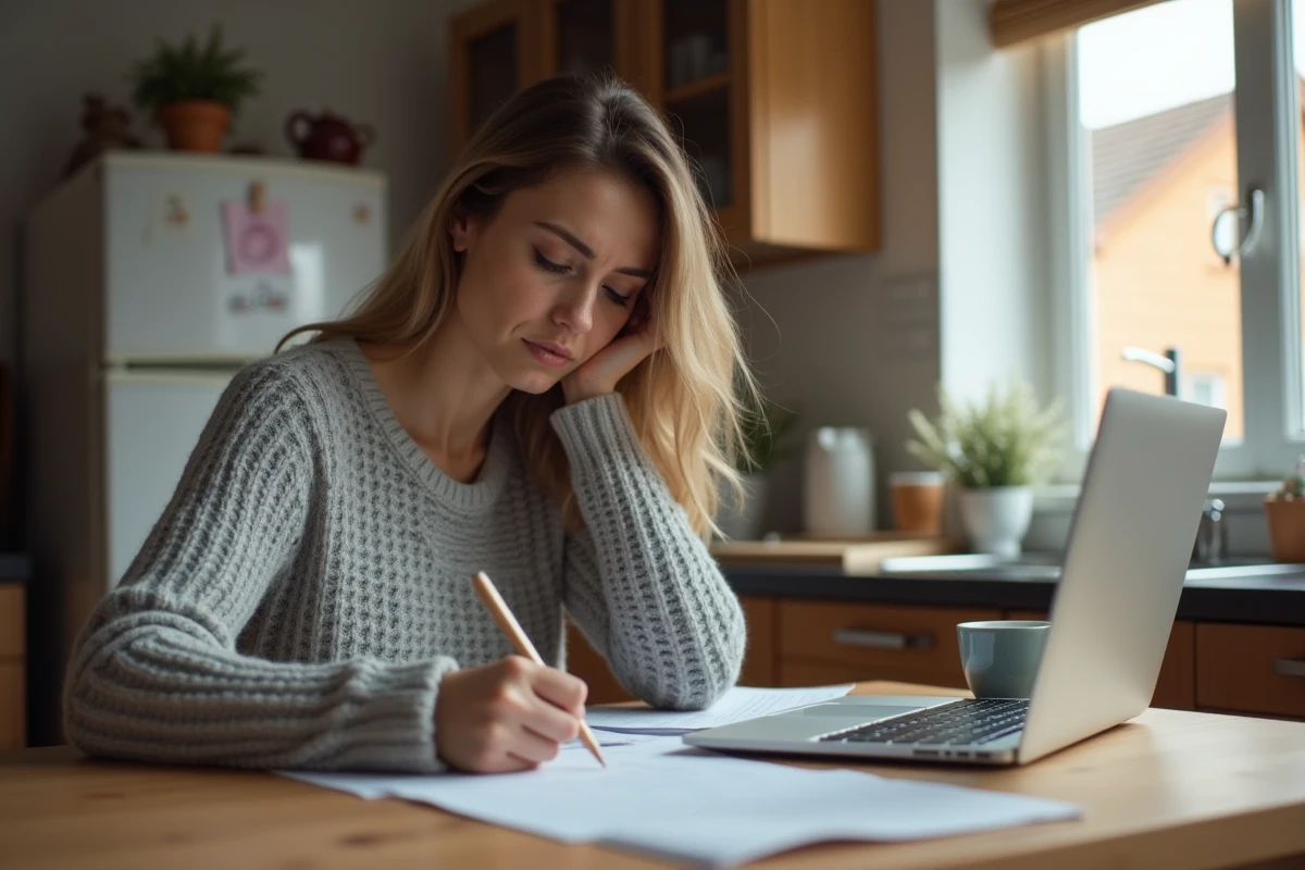 Femme écrivant une lettre d'absence pour empêchement familial à une table de cuisine