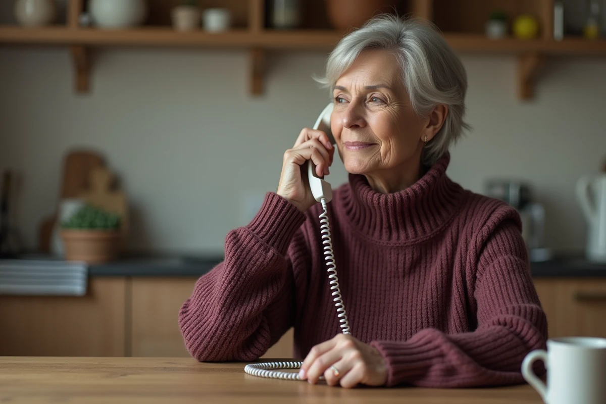 Femme senior au téléphone contactant le service client Damart depuis son domicile