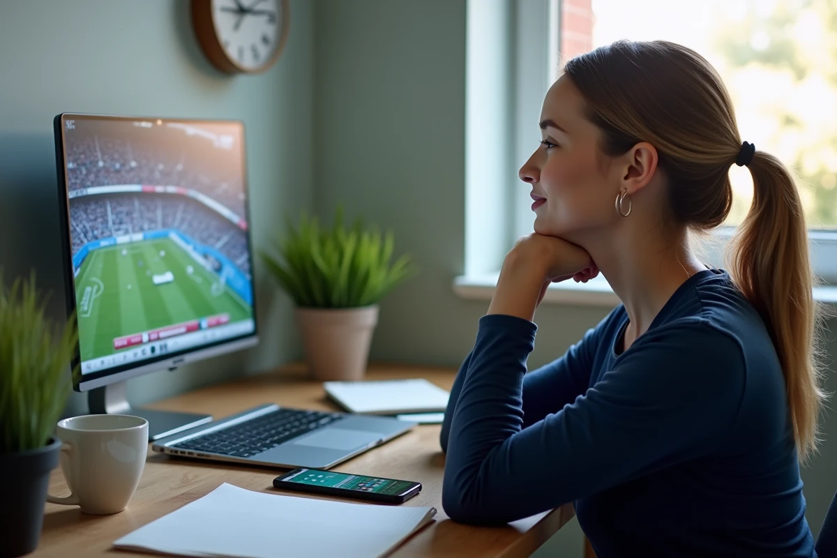 Femme regardant RMC Sport en streaming sur un ordinateur portable depuis un bureau à domicile