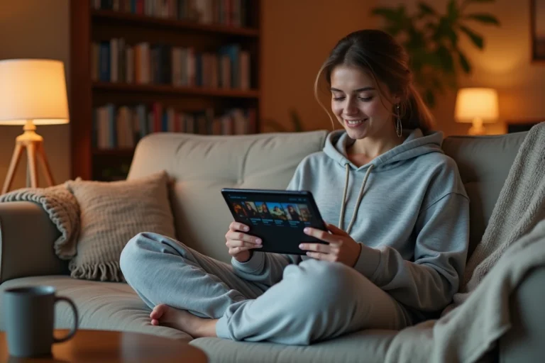 Jeune femme détendue sur un canapé regardant des séries en streaming gratuit sur une tablette