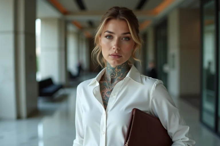 Femme tatouée en tenue professionnelle dans un hall d'entreprise, illustrant le débat sur les tatouages visibles au travail