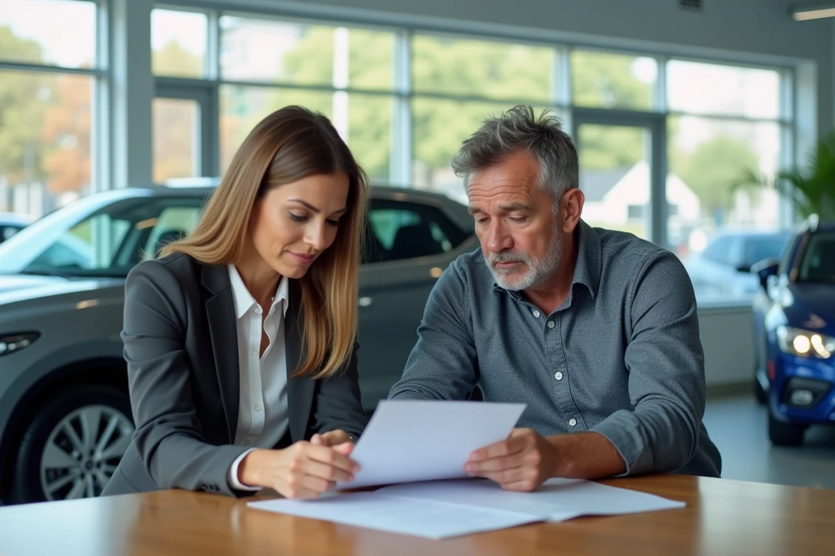 Femme vérifiant des documents avec un vendeur en concession