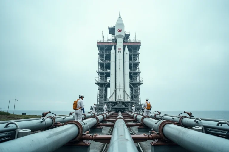Fusée sur pas de tir prête au lancement dans une base spatiale côtière avec techniciens en combinaisons blanches