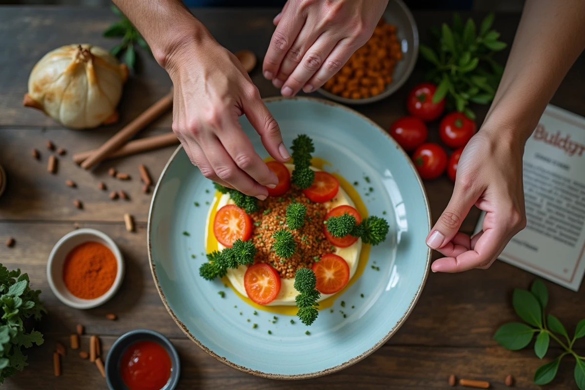 Mains disposant des garnitures sur une assiette élégante