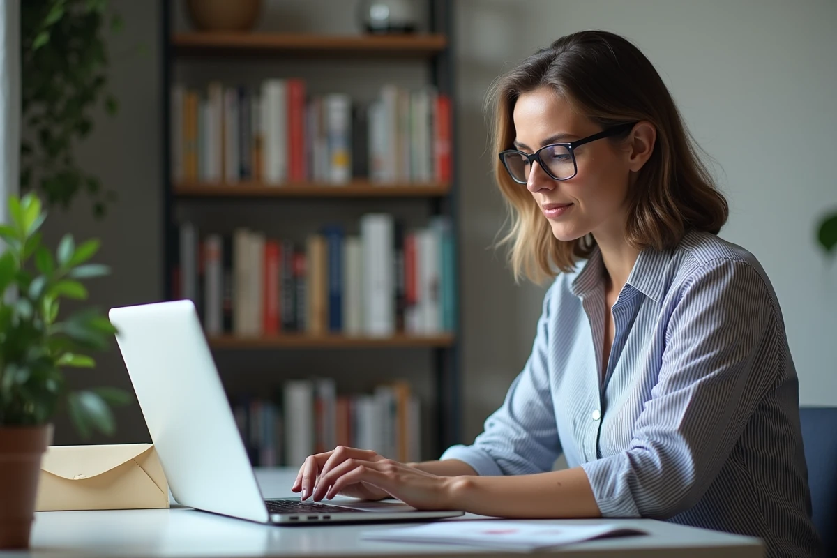 Femme gérant son abonnement à Télé Z en ligne depuis son bureau à domicile