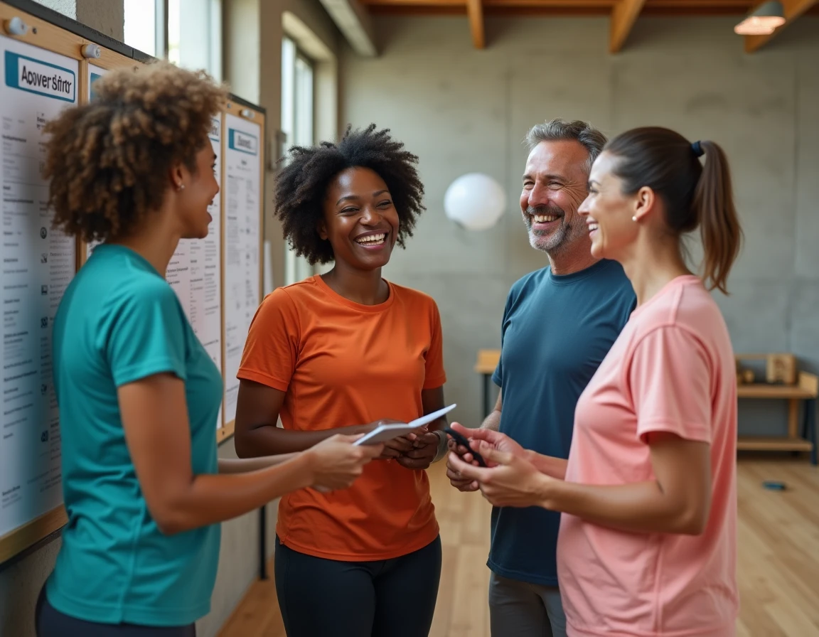 Groupe de personnes discutant ensemble des options sportives sur un tableau d'activités dans un centre communautaire pour choisir le sport idéal