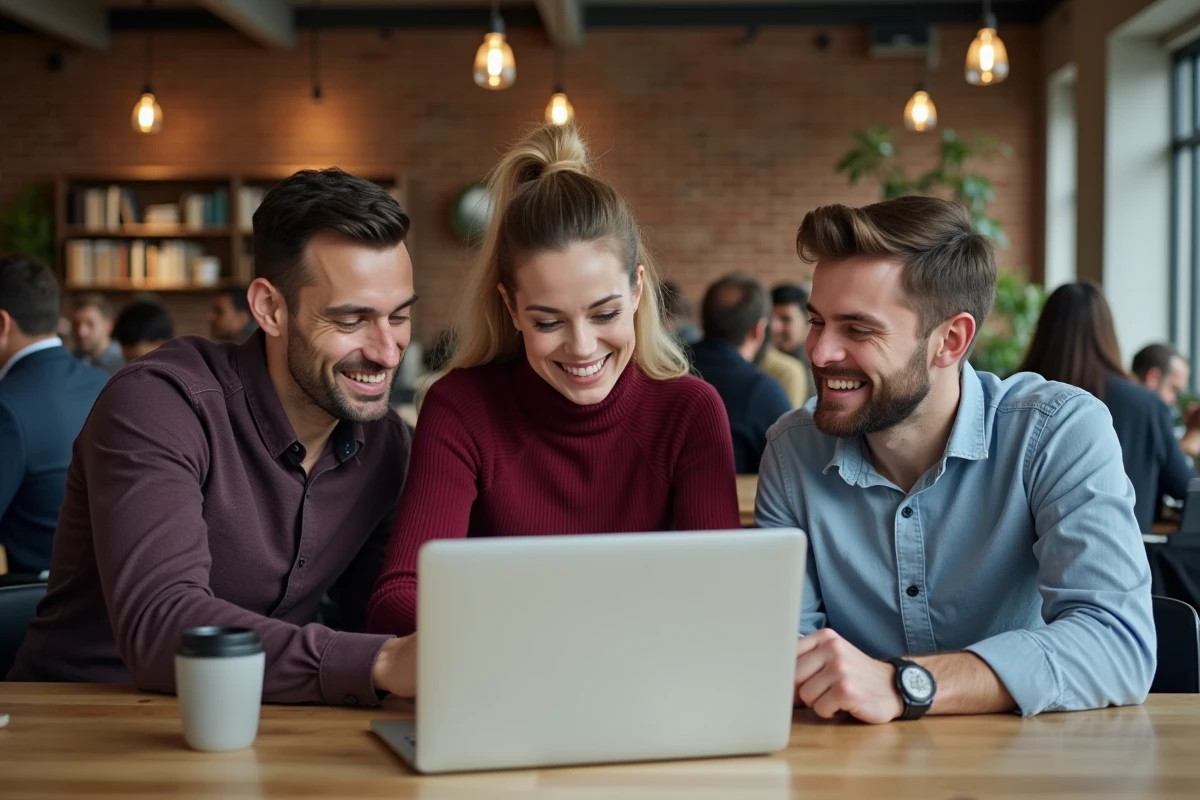 Groupe de professionnels collaborant sur des stratégies de recherche d'emploi dans un espace de coworking