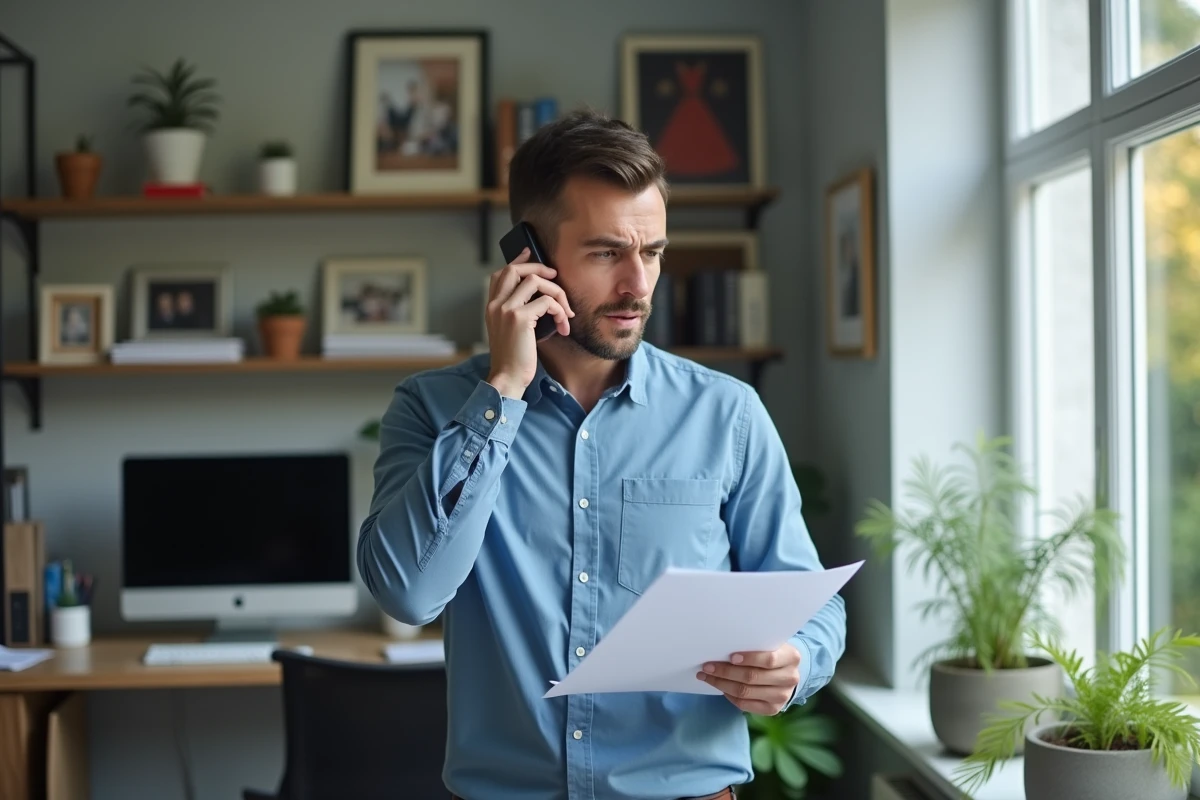 Homme en télétravail appelant son employeur pour justifier une absence familiale urgente