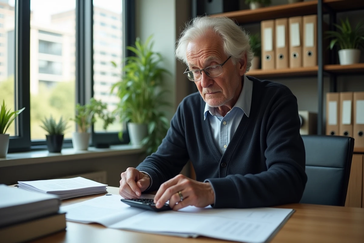 Homme âgé utilise un calculateur dans un bureau lumineux