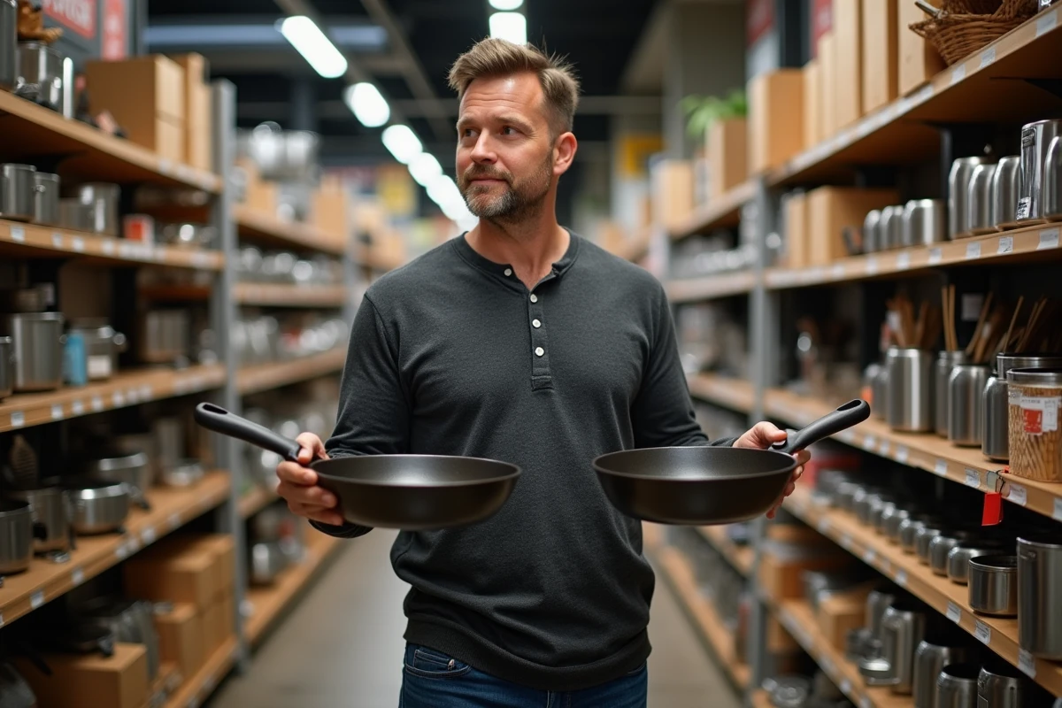 Homme comparant deux poêles en fonte dans un magasin spécialisé en équipement de cuisine