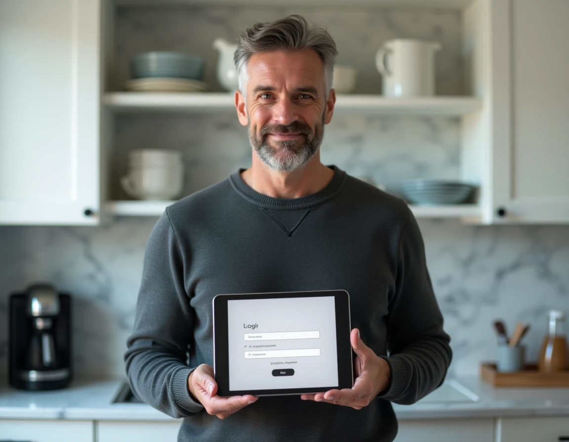 Homme d'âge moyen utilisant une tablette pour se connecter à un compte en ligne depuis sa cuisine