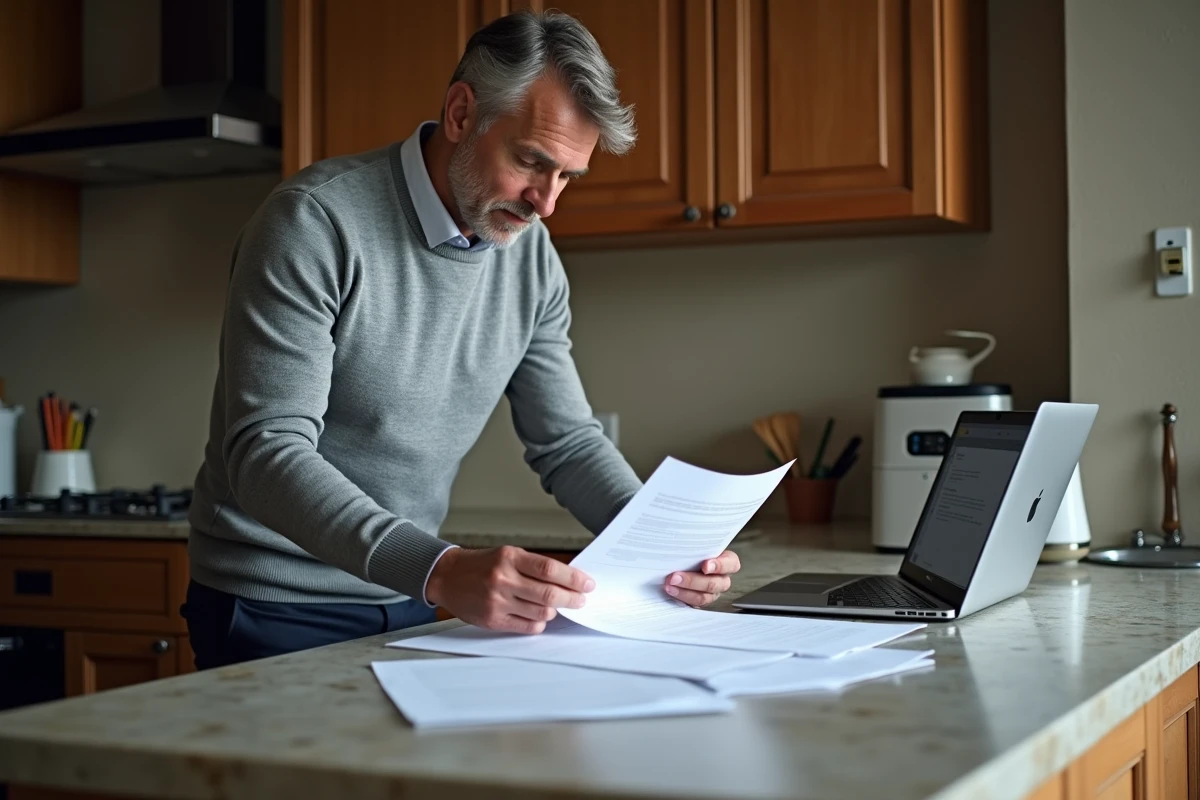 Homme lisant des documents administratifs pour la résiliation d'un contrat de vie dans un cadre domestique
