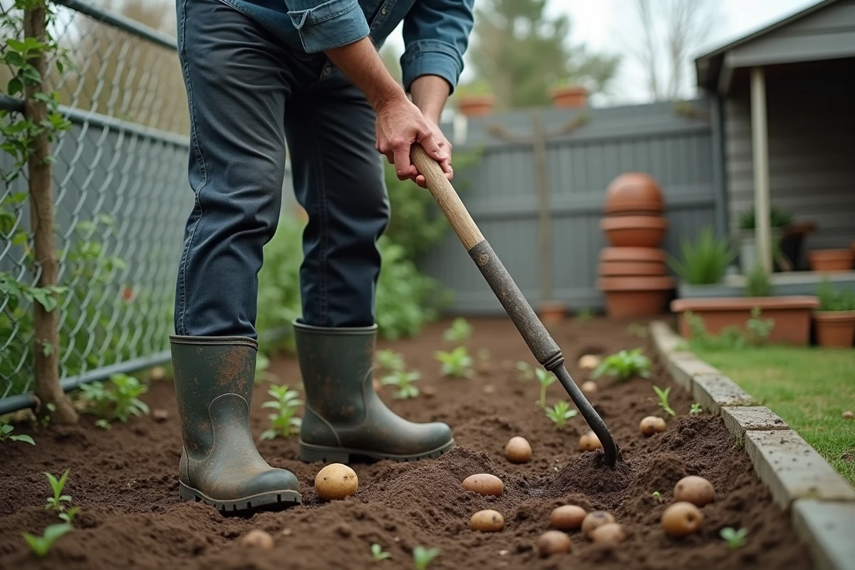 Homme en train de déterrer des pommes de terre avec une fourche dans un petit jardin potager de banlieue