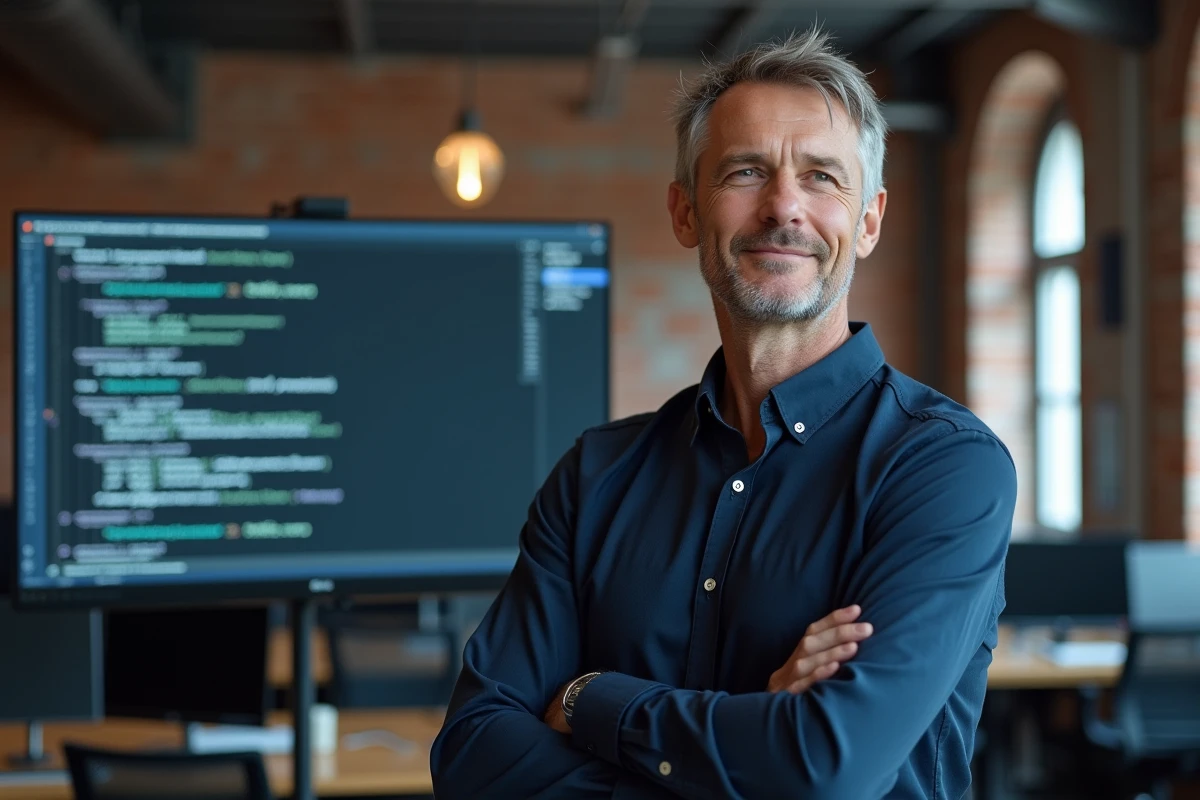 Homme devant un écran affichant un fichier XML de sitemap dans un bureau professionnel moderne