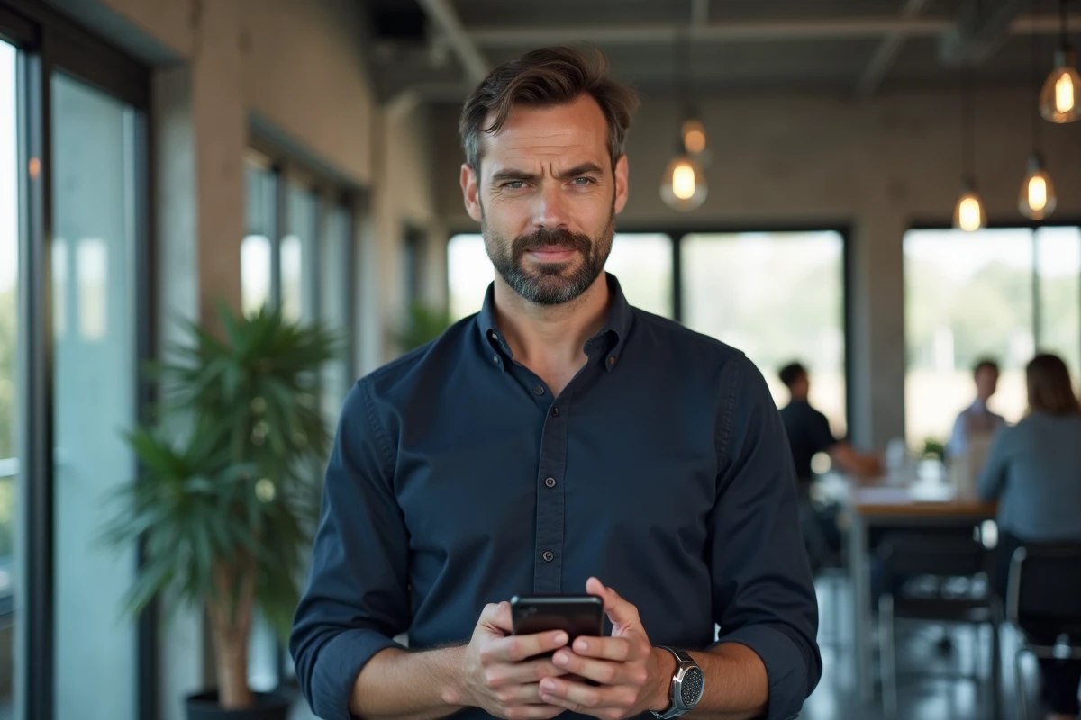 Homme consultant des avis en ligne sur un smartphone dans un espace de coworking moderne, évaluant la fiabilité des commentaires négatifs