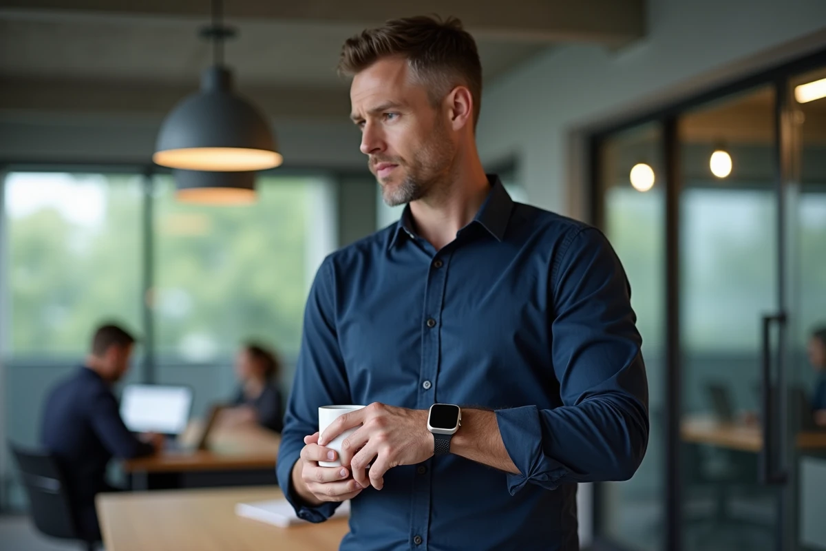 Homme consultant sa montre connectée dans un bureau moderne ouvert avec environnement technologique