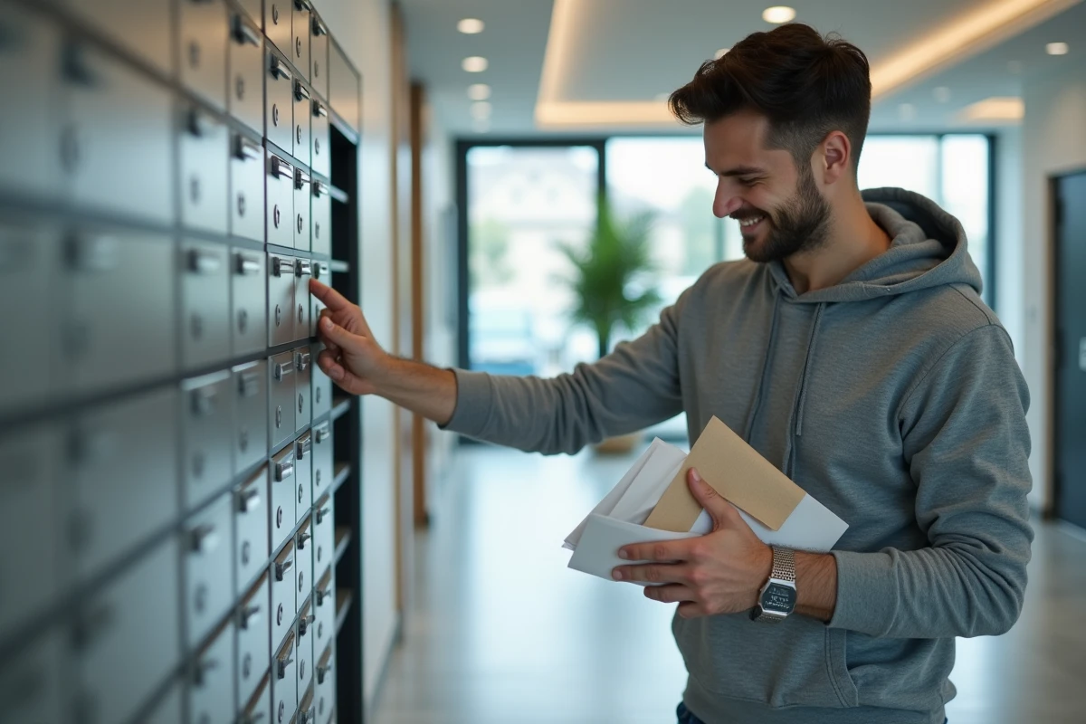 Jeune homme récupérant son courrier dans une boîte postale moderne d'un espace administratif en France