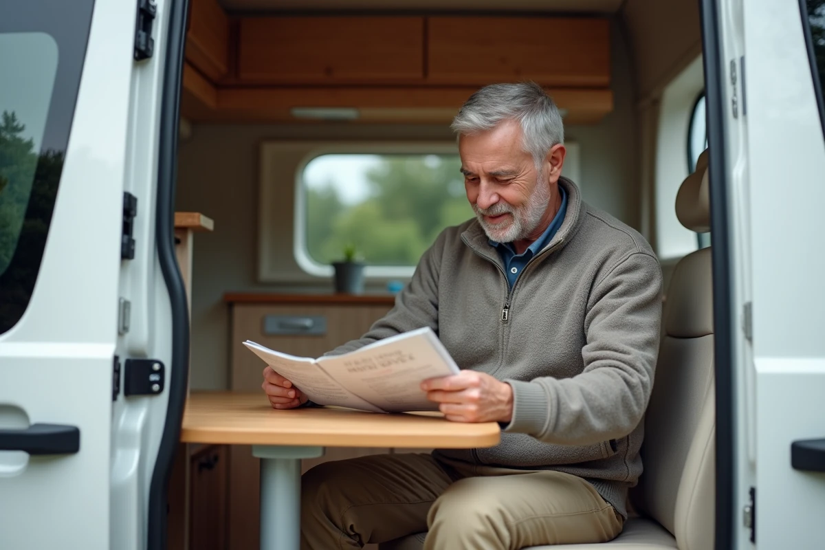 Homme retraité lisant une brochure dans un van propre