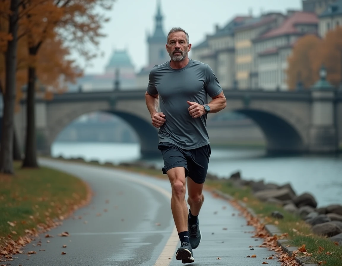 Homme en train de courir le long d'un chemin urbain au bord d'une rivière pour améliorer sa santé physique et mentale au quotidien