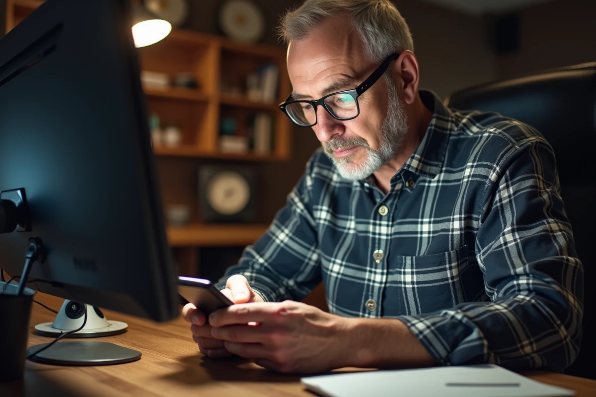Homme senior consultant le service client Damart en ligne depuis son bureau à domicile
