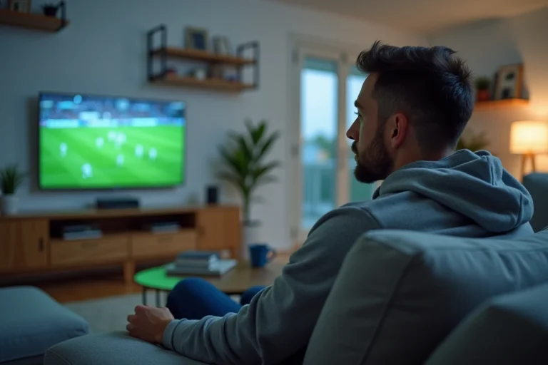 Homme regardant un match de football en streaming sur sa télévision dans son salon moderne