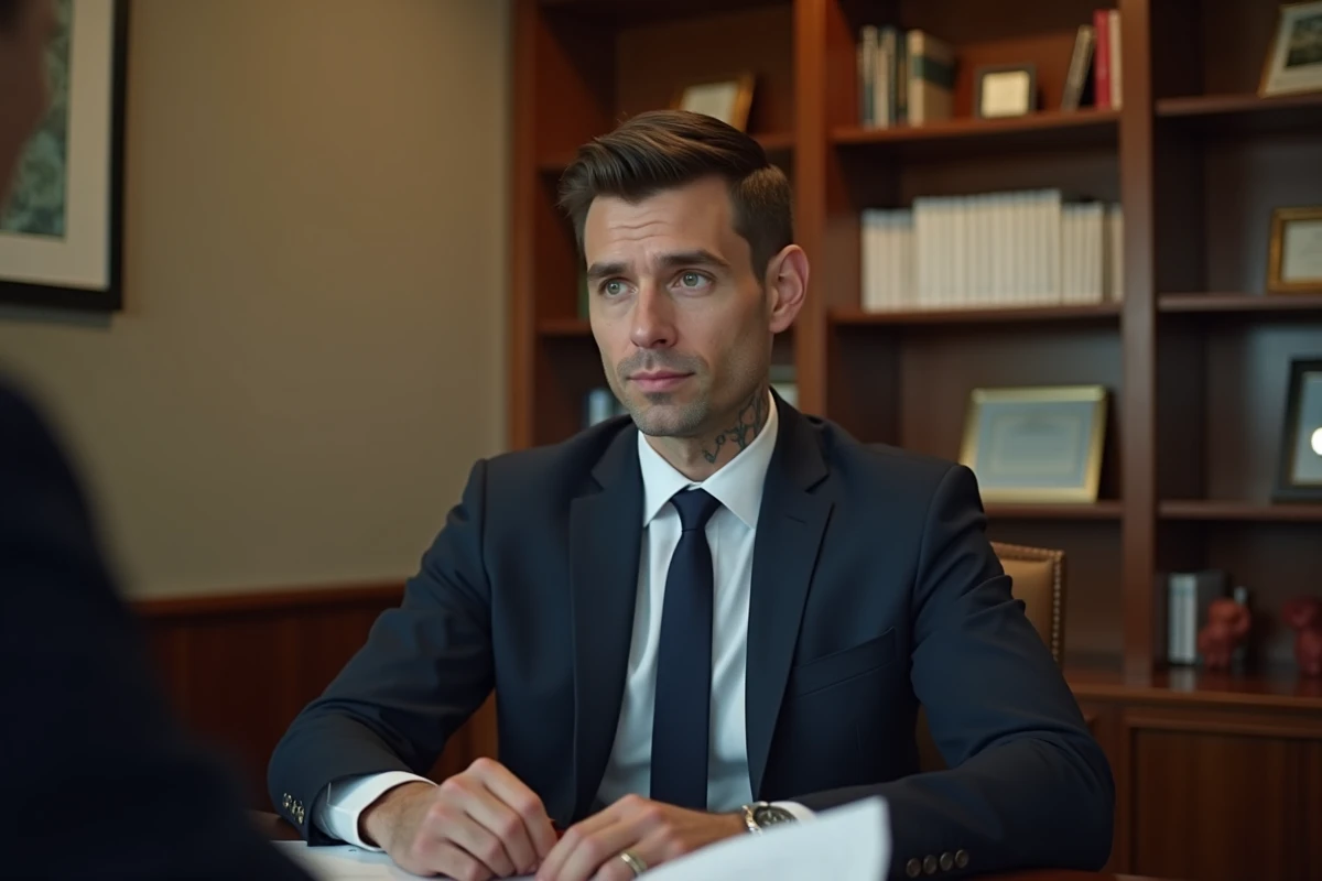 Tattooed man in a job interview in a suit, addressing the issue of tattoos in formal professions