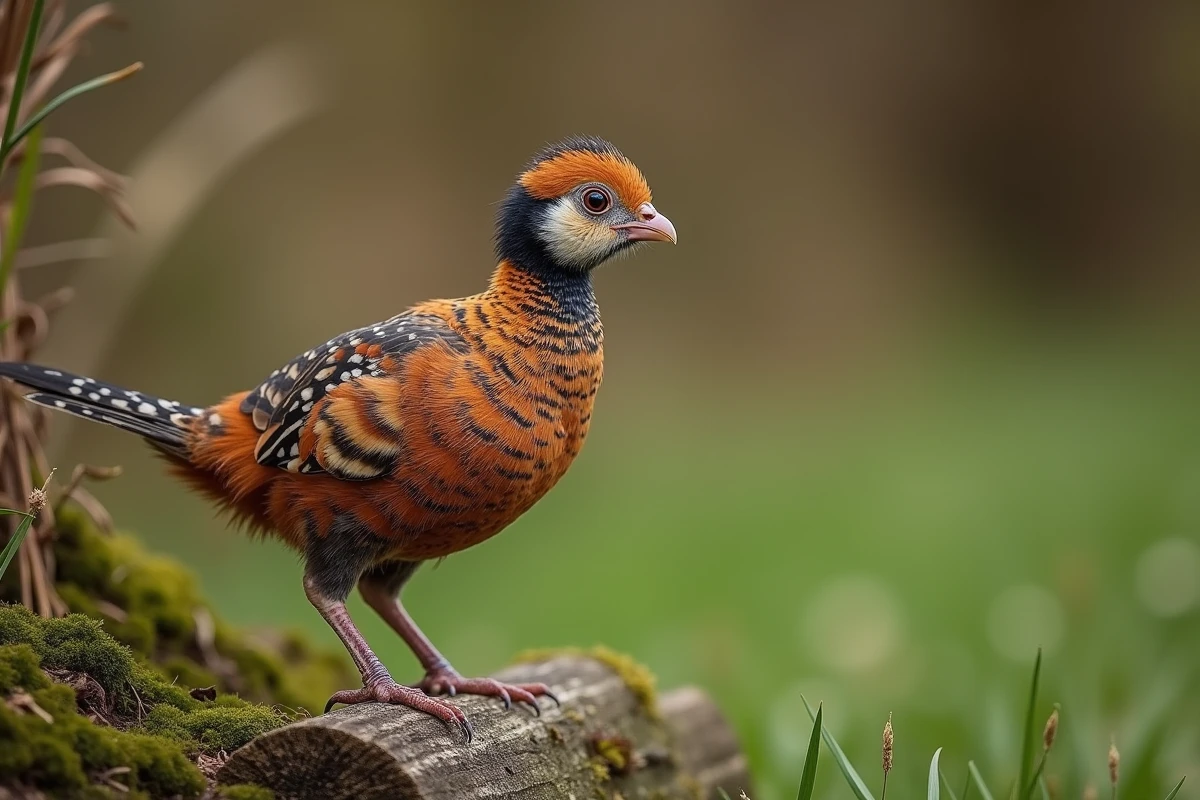 Jeune faisan de trois semaines avec plumage en transition perché sur une branche mousseuse en prairie