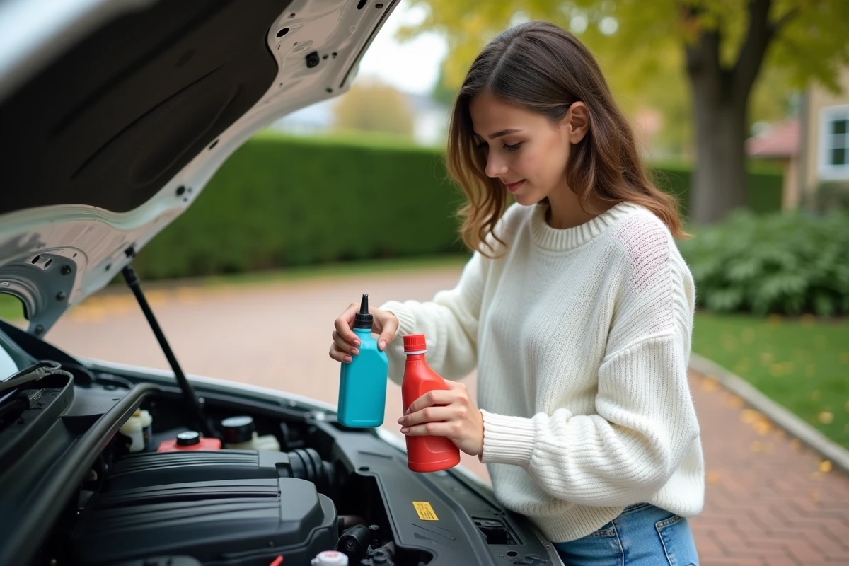 Jeune femme comparant liquides de voiture dans une cour