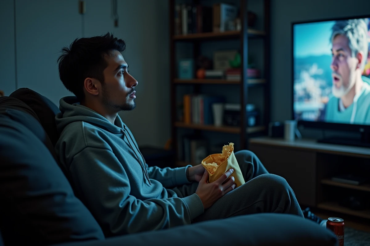 Jeune homme sédentaire mangeant des chips sur un canapé devant la télévision, illustrant le mode de vie sédentaire comme facteur de risque du diabète