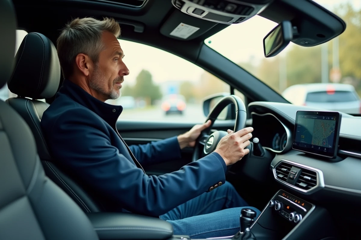Journaliste automobile analysant le tableau de bord d'un SUV moderne lors d'un essai routier