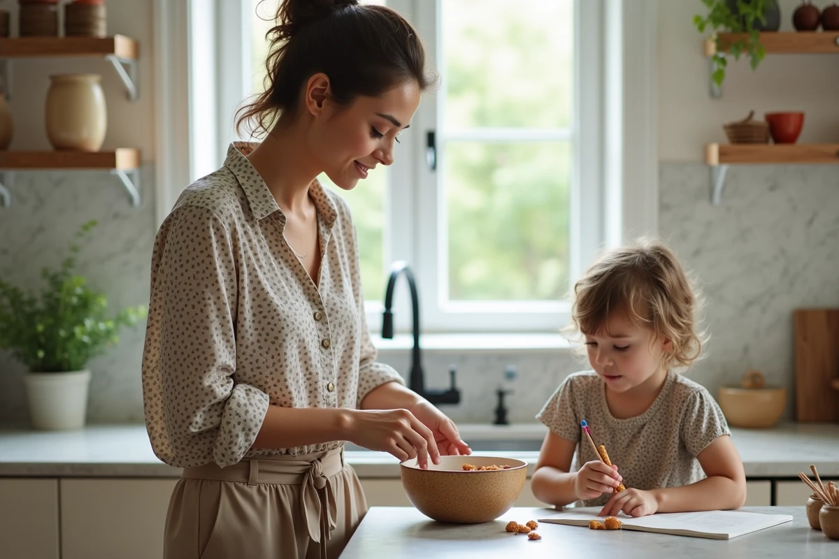 Maman prépare des snacks en cuisine avec enfant dessinant