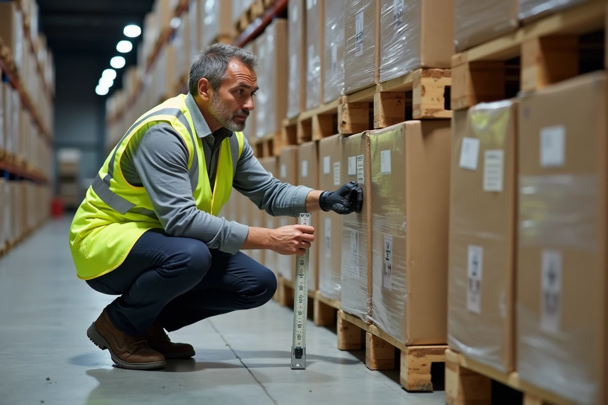 Opérateur logistique mesurant la hauteur d'une palette en bois dans un entrepôt industriel avec un mètre ruban