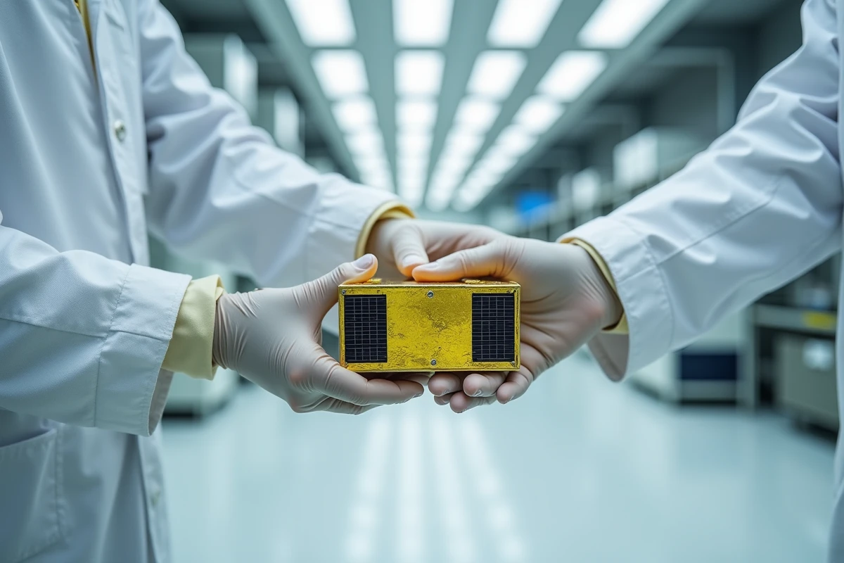 Deux scientifiques manipulant un nanosatellite en salle blanche avec isolation thermique dorée et panneaux solaires