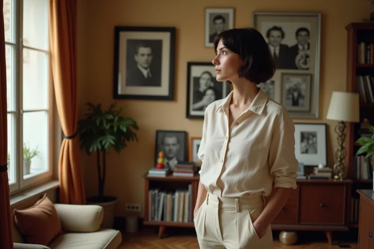 Jeune femme contemplant des photos de famille dans un appartement parisien aux références artistiques, évoquant l'héritage de Natacha et Paul Gainsbourg