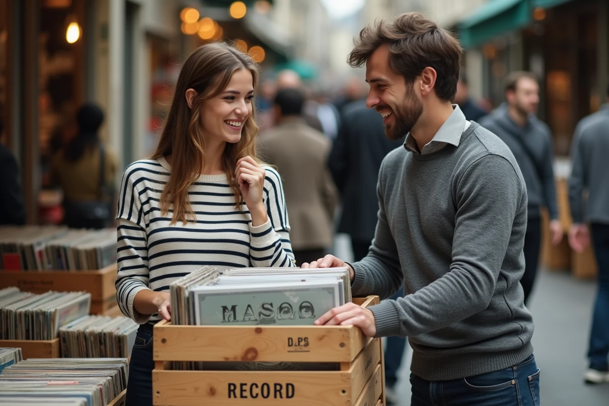 Un homme et une femme feuilletant des disques vinyles sur un marché aux puces parisien, moment candide évoquant la complicité de Natacha et Paul Gainsbourg