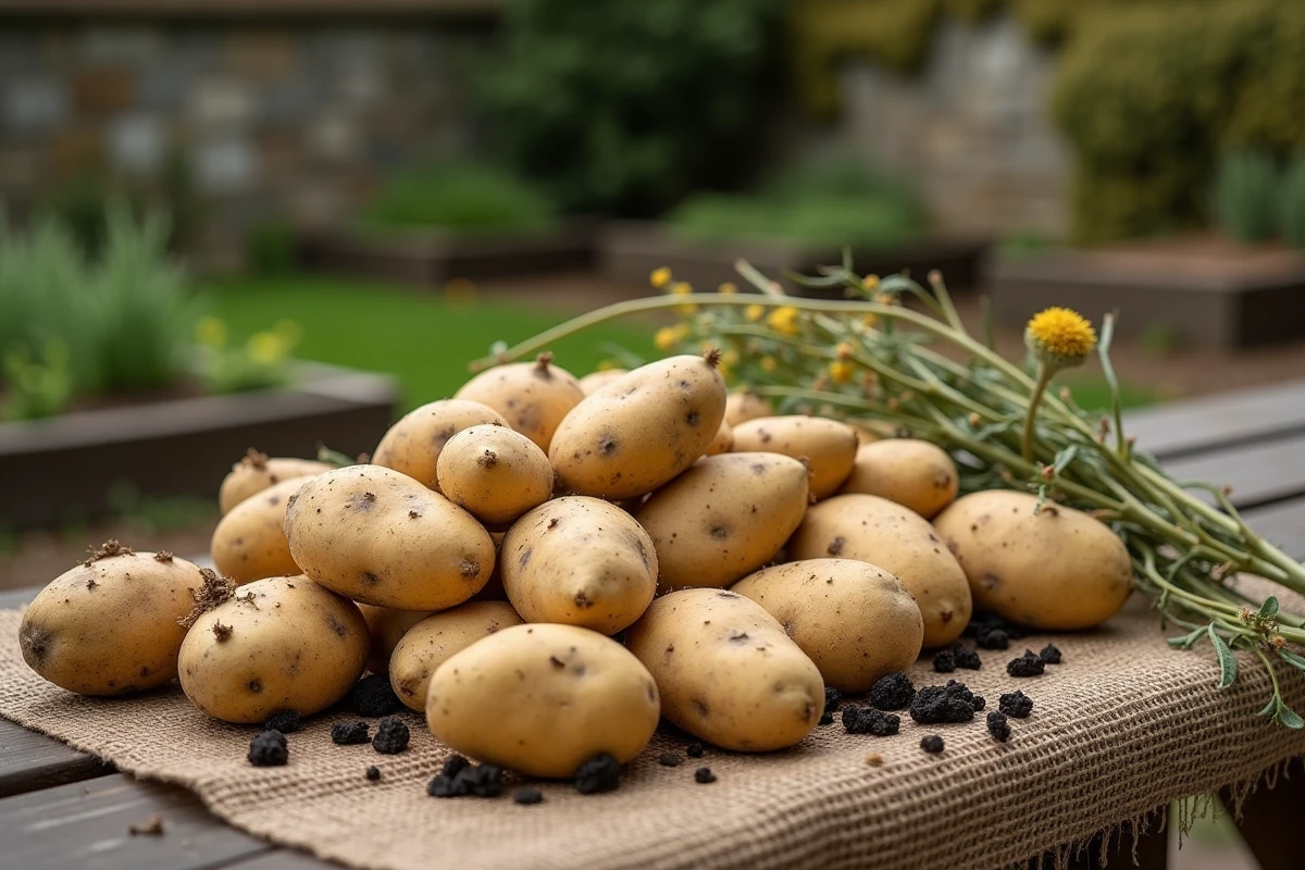 Gros plan de pommes de terre fraîchement récoltées posées sur de la toile de jute avec de la terre encore collée sur leur peau dans un jardin