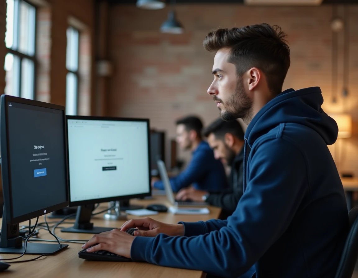 Jeune homme configurant sa première connexion à une plateforme en ligne dans un espace de coworking