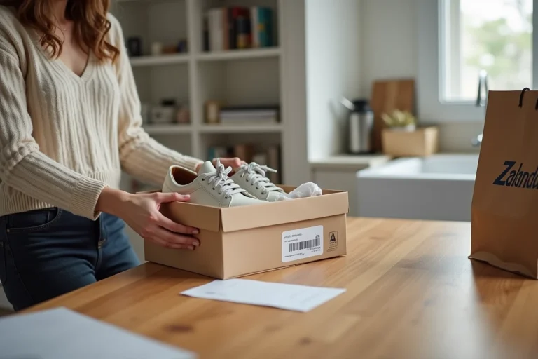 Jeune femme préparant un colis de retour Zalando avec étiquette de retour et boîte à chaussures sur une table en bois