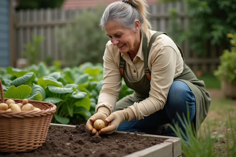 Femme récoltant des pommes de terre à la main dans un petit potager avec un panier en osier rempli de tubercules fraîchement déterrés