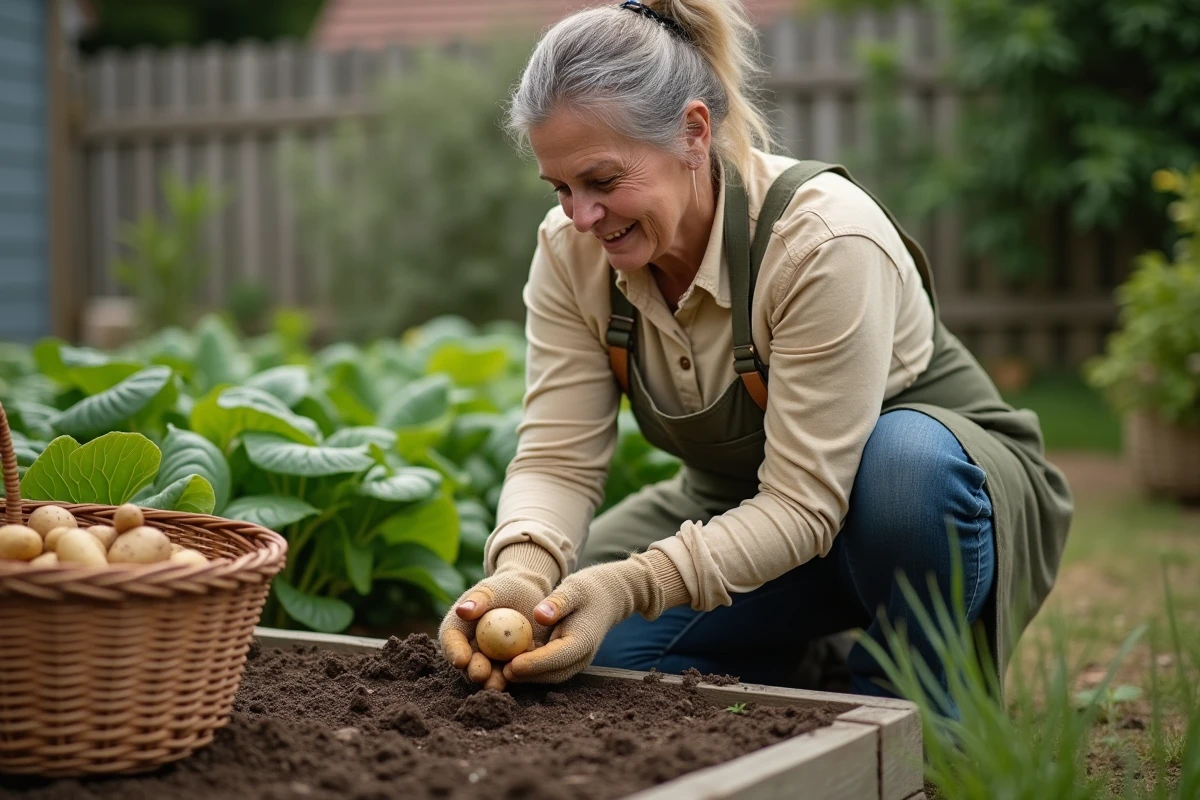 Femme récoltant des pommes de terre à la main dans un petit potager avec un panier en osier rempli de tubercules fraîchement déterrés
